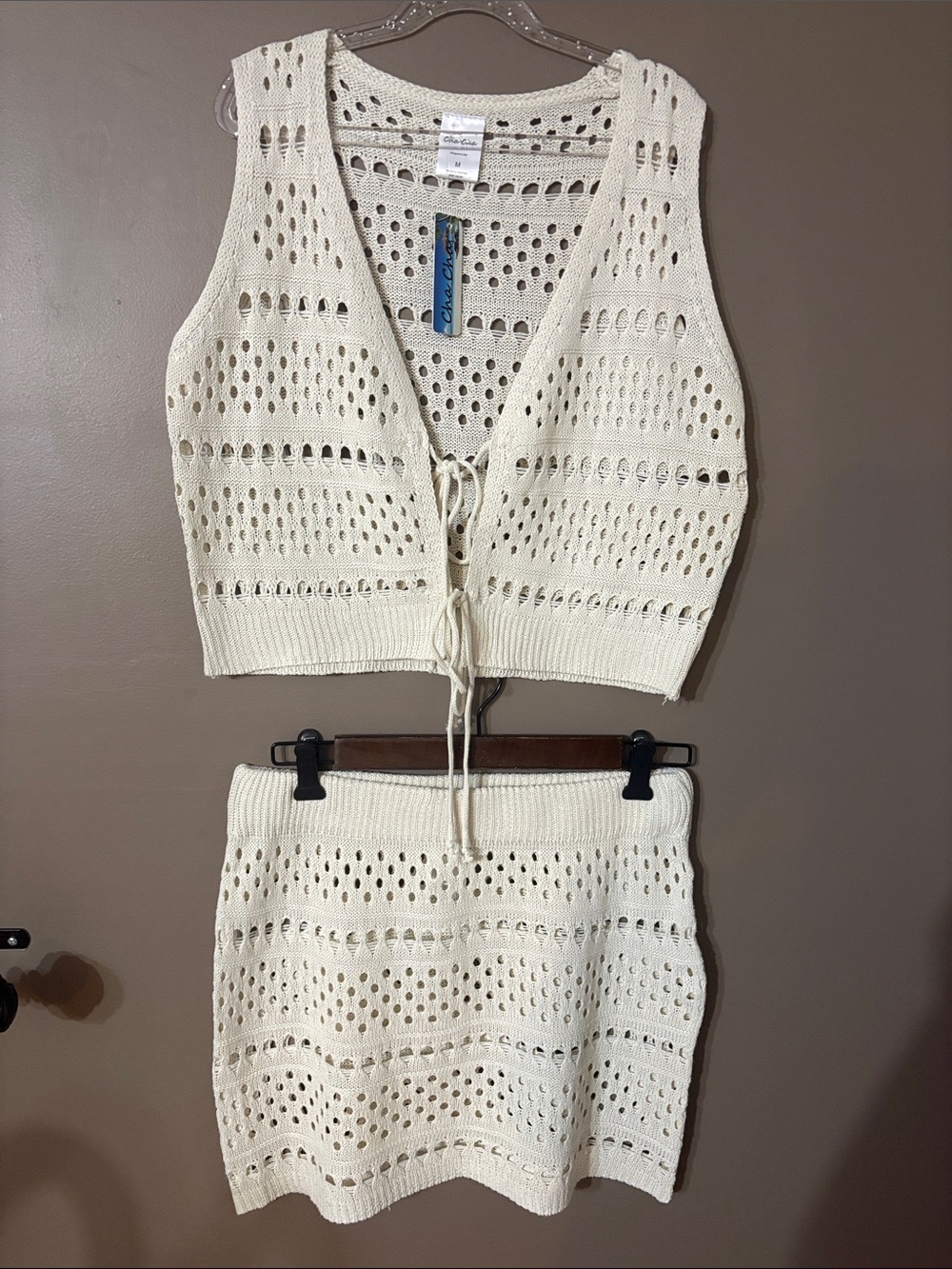 Cha Cha Crochet Two-Piece Knit Tank and Mini Skirt Set - Cream